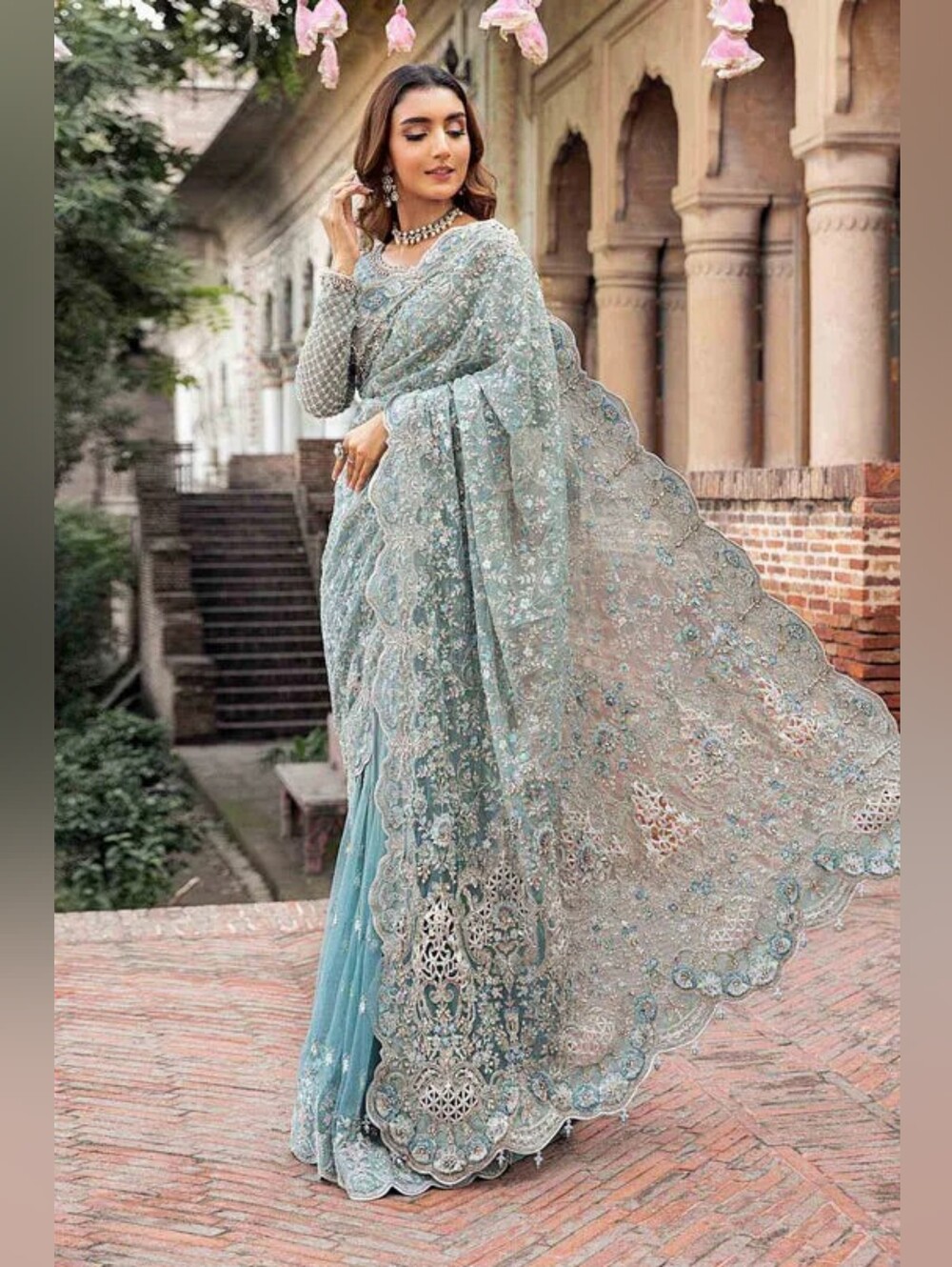 Maria B Bridal Couture Saree - Ice Blue - Size Medium - Silver Work - Mabel